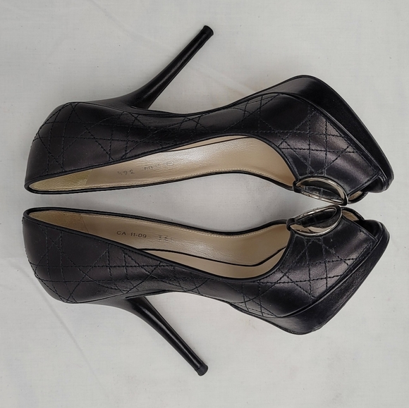 Dior O DE Black Channage Leather Platform Pep Toe Stiletto Heels Pumps 36.5 - Picture 7 of 9
